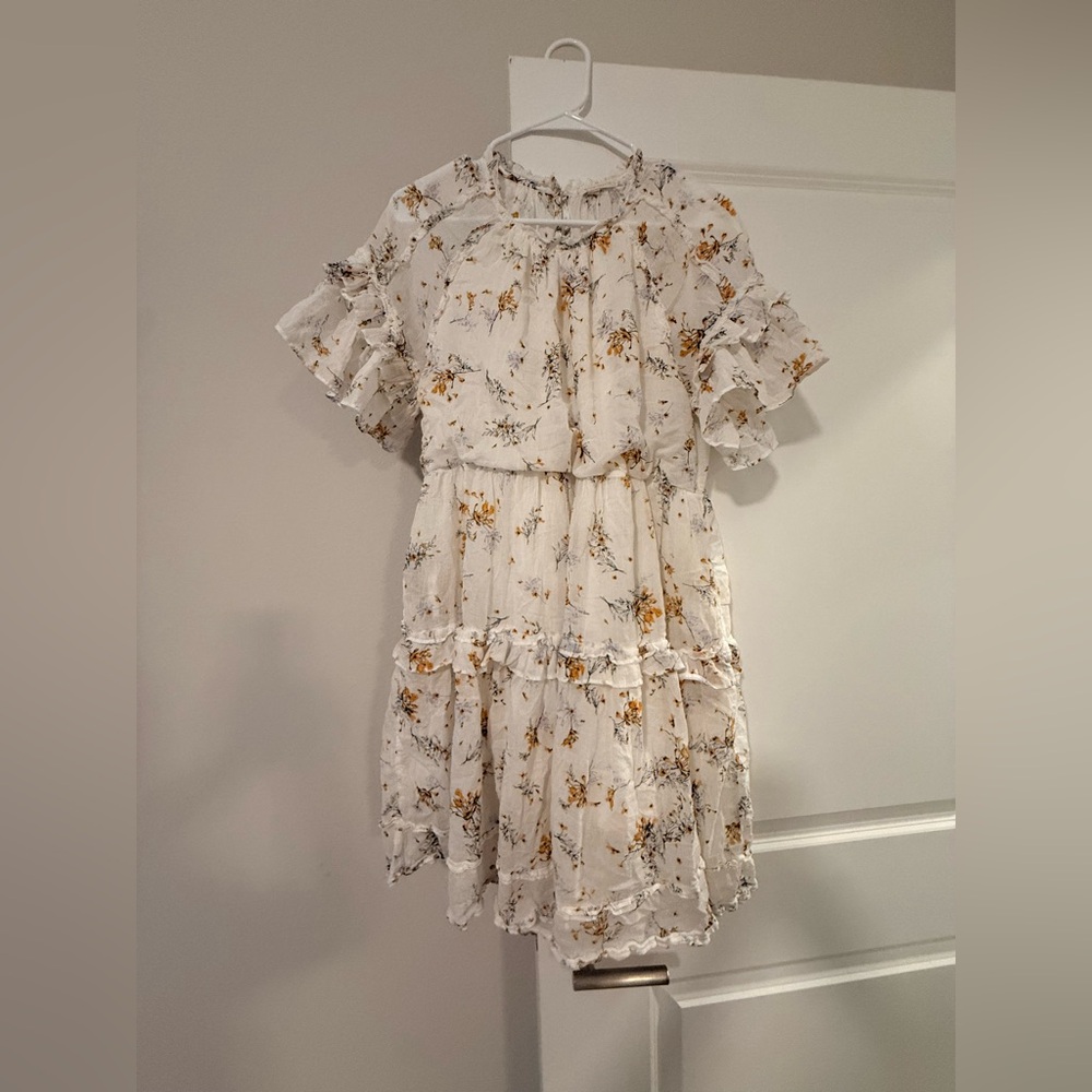 Shop Stevie White Floral Ruffle Mini Dress with Yellow Accents